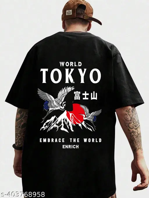 Trendy oversize cotton men's tees, three-quarter sleeves, printed net design, available in S-XXXL sizes, Indian origin