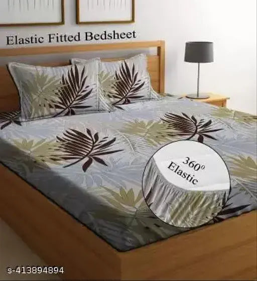 Cream cotton, botanical-print elastic double bedsheet (72x78 inch) with pillow covers, ideal for summer use