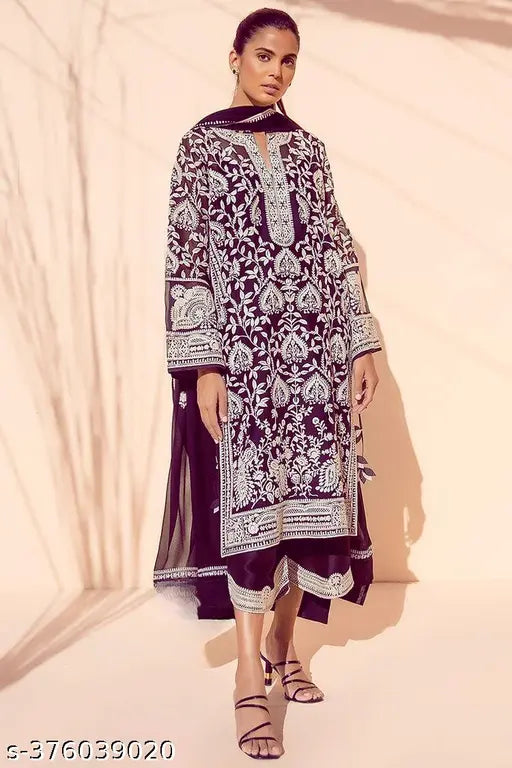Georgette top and palazzo with embroidery, fancy designer duppatta suit - soft silk bottomwear, heavy chine stitch work - L (38in bust, 40in bottom), India