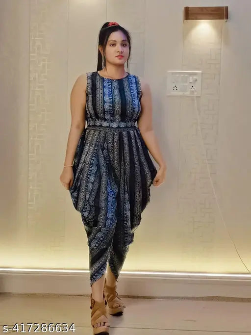 Blue crepe dhoti jumpsuit, trendy animal print, sleeveless, digital print dress - India