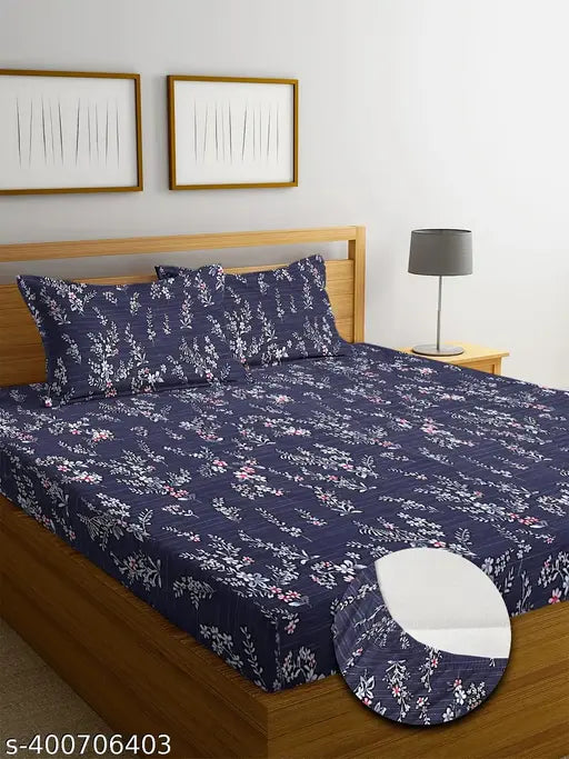 Black premium cotton elastic king size fitted bedsheets with 2 pillow covers, double bed, 72x78+10 inches, botanical print by HIYANSHI HOME FURNISHING