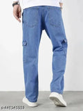 Denim 6-pocket jeans for men, solid pattern, size 28, 30, 32, or 34. Made in India