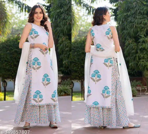 Cotton blend sleeveless sharara dupatta kurti set for women's, printed vibrant Indian festive wear with embroidered dupatta and bottomwear