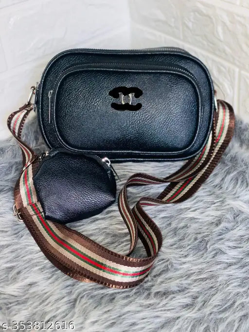 Black PU Sling Bag - Textured Net Design, 4 Compartments, Free Size (8in x 3in x 5in), Party Wear, Casual, Business, Ethnic - Trust of India Premium Collection