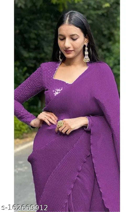 New Georgette Crush Pleated Saree in 7 Colors, embellished blouse with sequins detailing, premium quality Indian-made
