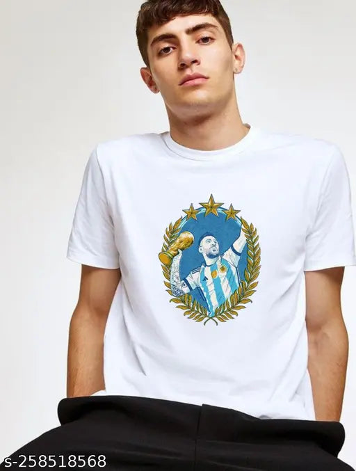 Argentina Men's polyester short-sleeve football jersey with Messi print, 2022 World Cup White Light Blue Home Replica - Dri-FIT for comfort, India origin