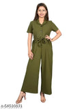 Olive polyester casual jumpsuit for ladies, comfortable fit, straight hemline on full-length figure model