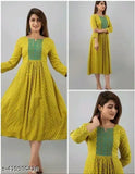 Yellow printed Rayon kurta with three-quarter sleeves, vibrant combo on model