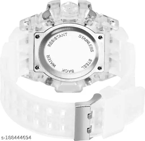 White shockproof digital sports watch with transparent dial, waterproof and multi-functional, suitable for men and boys