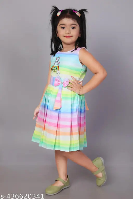 Pure cotton rainbow printed pleated dress for girls (India), comfortable and festive for 2-3 years