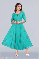 Rayon printed Meesorra long gown kurti, three-quarter sleeves, Indian traditional outfit in multiple sizes (S - Bust 36in)