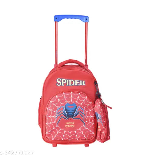Red waterproof Indian Riders SPIDER MEN School Kids Trolley Bag, durable polyester with spider print, accommodates essentials, adjustable straps, 2 main compartments, 1 front pocket, side water bottle pocket, lightweight, trolley handle, easy to carry, water-resistant school bag, designed for Toddlers aged 2-8 years