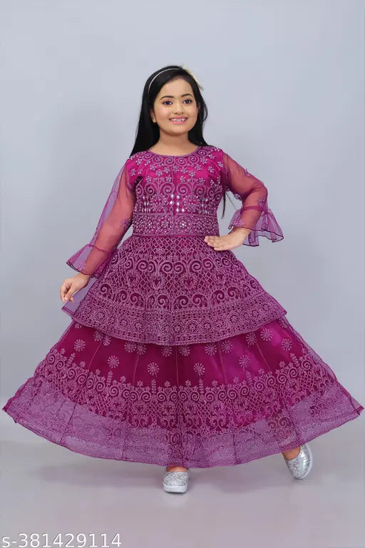 Printed net A-line Girls lahenga choli, Indian mirror work kids wedding dress on display