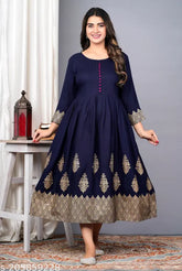 Rayon long-sleeve gold pront kurti, Indian ethnic design with Zari woven pattern, M (38in bust), L (40in bust)