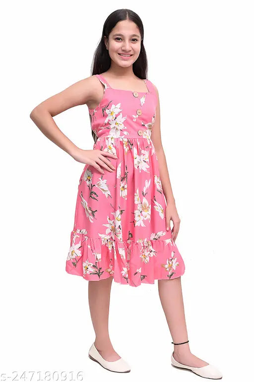 Pink cotton blend knee-length floral frock, perfect for girls' parties