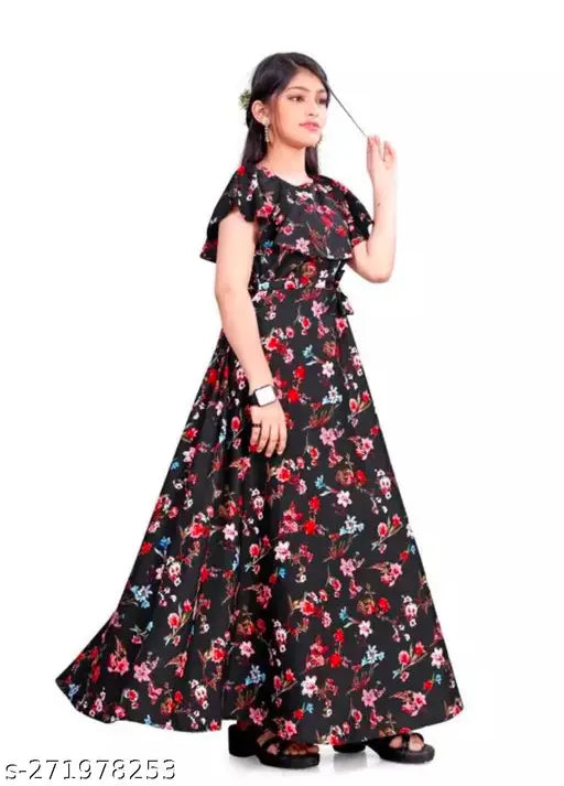 Girl's printed polyester fit and flare gown, short sleeves, rose flower detail, ankle length