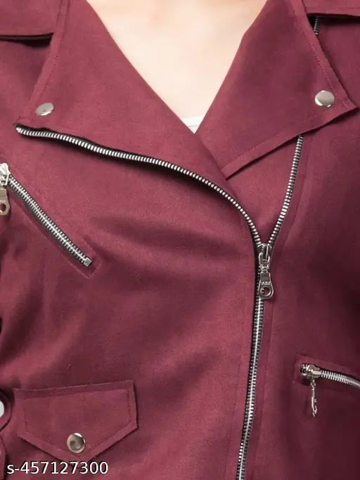 Women's classic winter suede jacket, long sleeve leather zipper coat in solid pattern, tailored fit