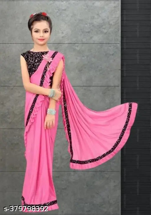 Striped net Indian baby girl saree for wedding party, unstitched blouse included for sizes 3-14 years