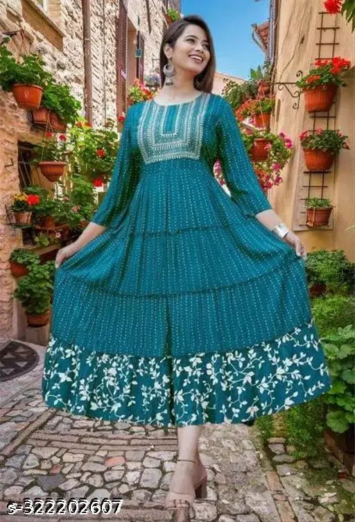 Rayon three-quarter sleeve embroidered top with precision craftsmanship, showcasing intricate designs, size S (bust 11in, length 48in)