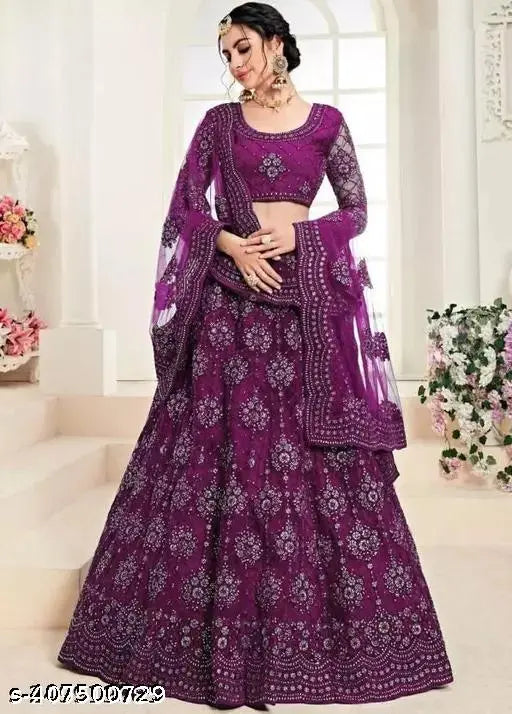 Women's & Girls Wine Lehenga Set: Embroidered net fabric, full-sleeve blouse, high-quality party wear, semi-stitched & free size, Indian origin