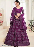 Women's & Girls Wine Lehenga Set: Embroidered net fabric, full-sleeve blouse, high-quality party wear, semi-stitched & free size, Indian origin