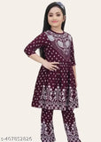Maroon cotton blend Naira cut top & palazzo set for baby girls. Trendy festive wear with three-quarter sleeves and printed pattern