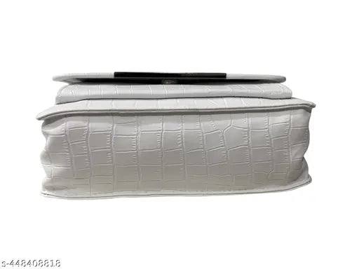 White PU sling bag, 5-compartment textured net tote for women & girls, made in India