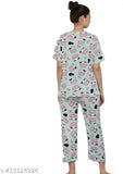 Modern silk-blend pajama set (4pcs), printed nightwear with stretchable fabric, round neck t-shirts and bottoms. Ideal for sleepwear, vocational wear, traveling, or sports. Available in sizes XS, S, M. Made in India
