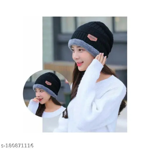Black woolen beanie cap & neck warmer scarf set for men & women, ideal for winter wear