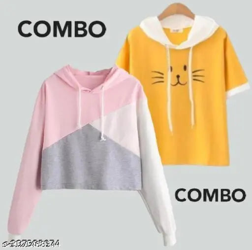 Denim Art colorblock cotton-blend hooded T-shirts (pack of 2), perfect for summer with long sleeves and varied sizes