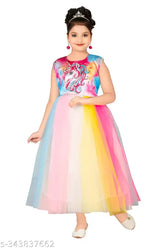 Stylish net print gown from Sohan Fashion Collection, suitable for various occasions. Color: Silver, Light Green or Pink. Perfect fit with corsage and sheen. Size: 2-3 years. Made in India