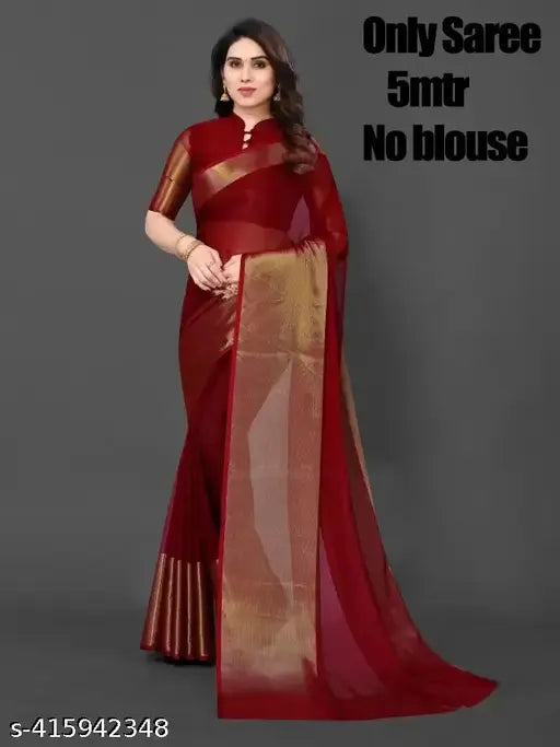 Traditional chiffon saree with golden zari border, perfect for festive wear and events. Indian-made, free size, 5m length