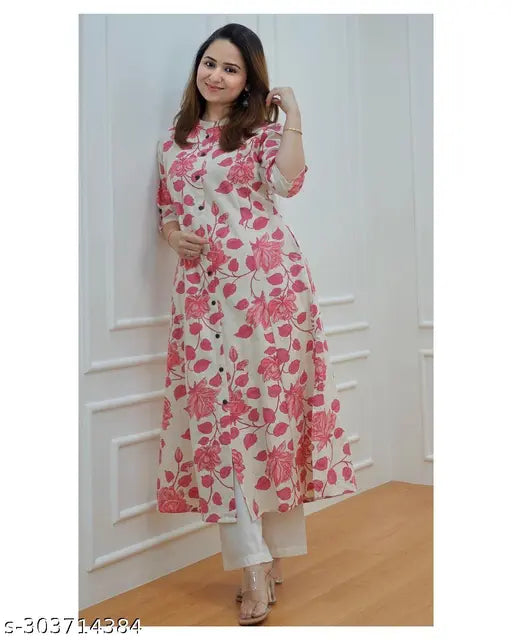 Fashionable printed cotton A-line kurti, three-quarter sleeves, premium quality, India origin