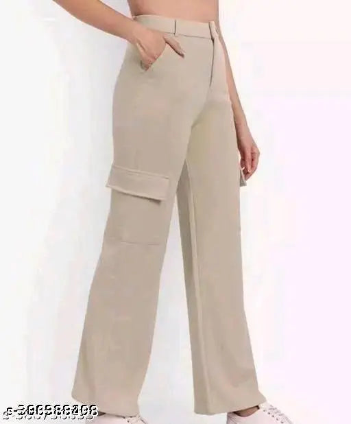 Women's beige cotton blend solid cargo trousers, regular fit and multiple sizes available
