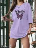 Cotton printed oversized purple t-shirt for women, round neck style, India origin