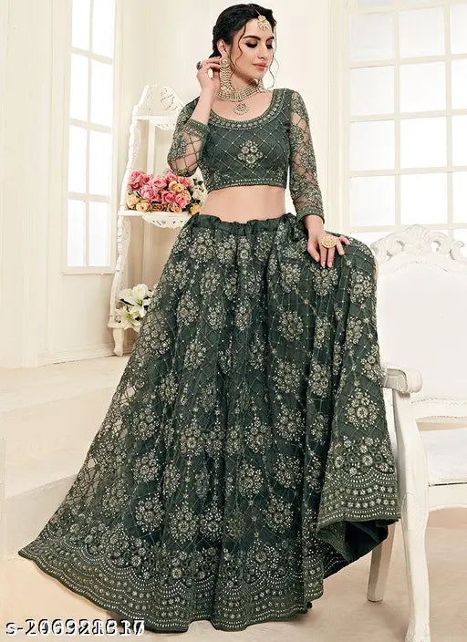 Embroidered net Alisha refined women's lehenga set, semi-stitched (44in waist, 44in length), country of origin: India
