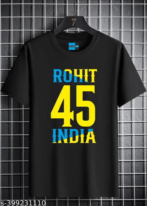 Black cotton half sleeve regular fit Rohit Sharma t-shirt, Uniplanet Store men's printed cotton round neck tee with short sleeves, India origin