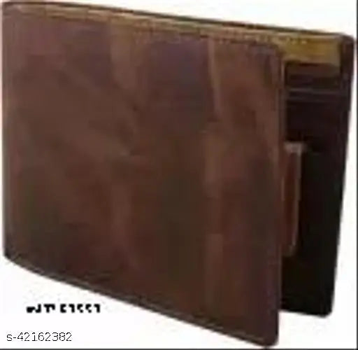 Trendy men's brown faux leather wallet with card and money organizer. Bi-fold design featuring 4 card slots, 2 secret slots, chain pocket, flip ID, and 2 currency compartments. Brown color, solid pattern, free size (9cm x 5cm). Made in India