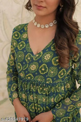 KALKI Green4: Printed Georgette kurta set with Palazzos, Indian ethnic wear for women, long sleeves