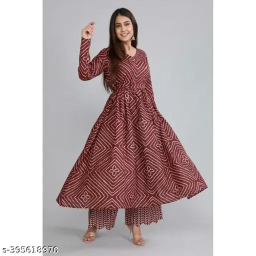 Rayon maroon kurta set with palazzo pants, three-quarter sleeves, printed net pattern - Indian fashion on display stand (S, M, L, XL, XXL, XXXL)