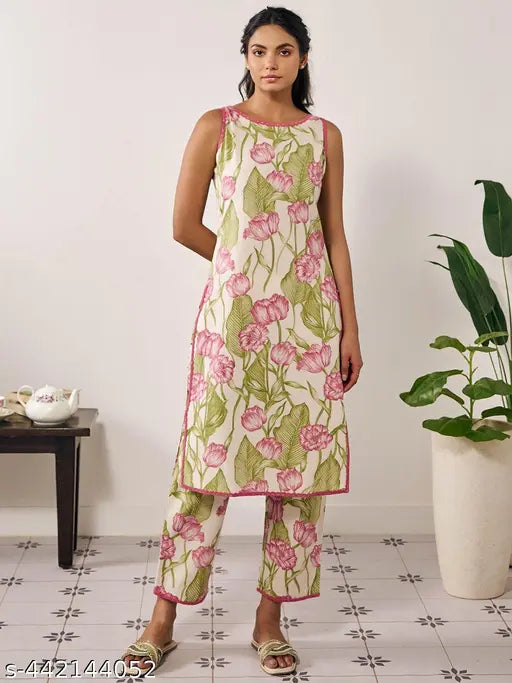 Rayon print net kurta set with matching bottomwear, three-quarter sleeves, GIFT OF GOODNESS