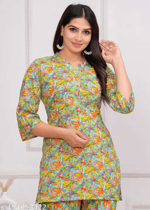Vibrant floral cotton nightsuit set, traditional Jaipuri block prints, soft collar & pockets, machine washable