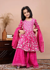 Maroon Rayon Anarkali Kurta & Sharara Set with Floral Embroidery and Bandhani Technique. Includes matching dupatta for festive events