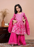 Maroon Rayon Anarkali Kurta & Sharara Set with Floral Embroidery, Bandhani Technique. Includes Dupatta. Traditional Indian Ethnic Wear for Festive Events