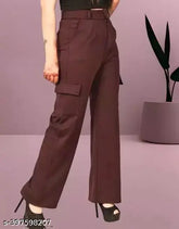 Solid cotton lycra cargo pants for women, featuring four functional pockets, perfect for casual wear