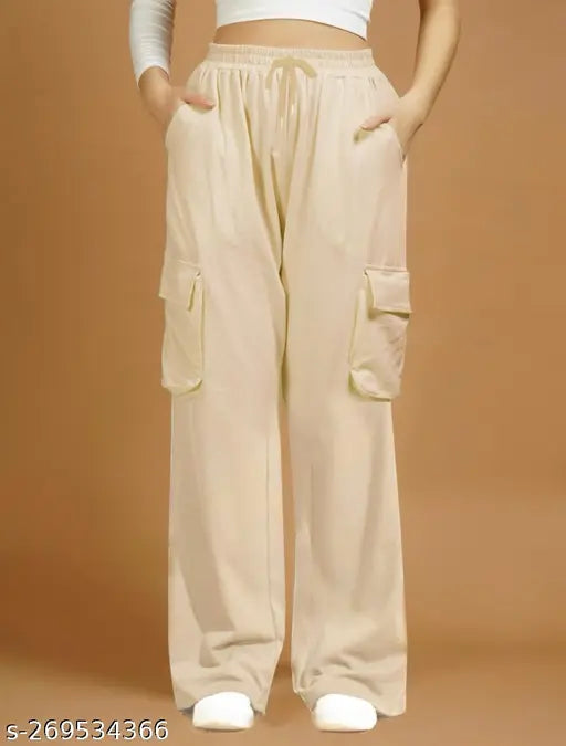 Cream cotton women's cargo jogger pants, elastic waist, multiple pockets, casual sophistication, Indian-made