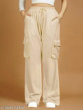 Cream cotton women's cargo jogger pants, elastic waist, multiple pockets, casual sophistication, Indian-made