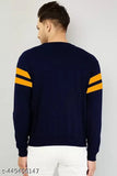 Stylish navy blue men's chest striped long sleeve cotton blend T-shirt, round neck design for casual wear