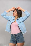 Denim waistcoat for women, classic designer three-quarter sleeve jacket - solid pattern, size S-XL