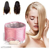 Pink cotton thermal hair treatment spa cap for women's home use, nourishing beauty steamer on heat